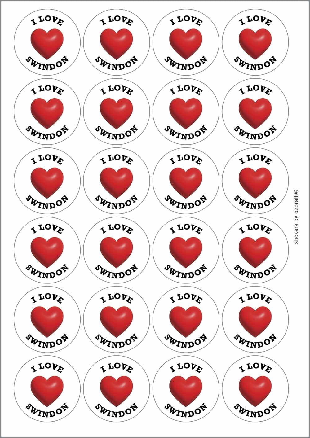 I Heart Love Swindon Location Circular Matt Paper Stickers A4 Sheet of 24 (Each Sticker is 45mm Diameter)