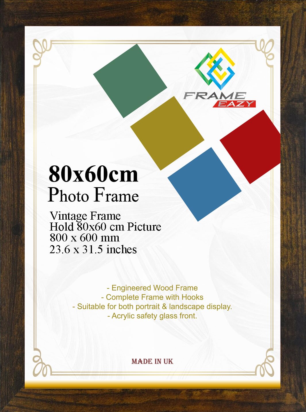 Modern Vintage Poster Frame 80 x 60cm Large Photo Frame 600x800mm Picture Frames With Safe Clear Perspex Front & Wall Mounting - 60 x 80cm Premium Wall Photo Frames