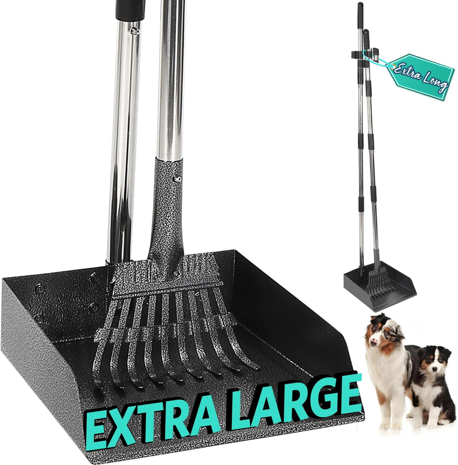 Pooper Scooper, Extra Long Handle Dog Pooper Scooper, Adjustable Stainless Steel Rake & Extra Large Tray for Large Medium Small Dogs, Poop Scoop for Collect Pet Feces, Fallen Leaves, Stones
