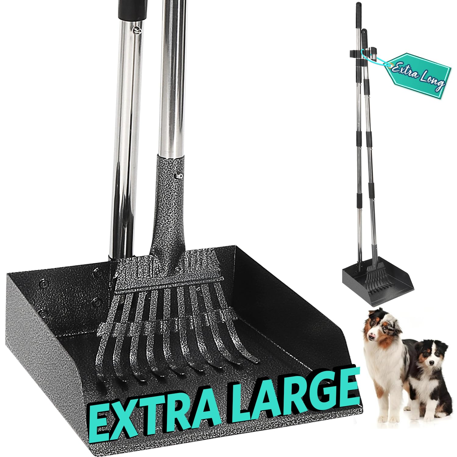 Pooper Scooper, Extra Long Handle Dog Pooper Scooper, Adjustable Stainless Steel Rake & Extra Large Tray for Large Medium Small Dogs, Poop Scoop for Collect Pet Feces, Fallen Leaves, Stones