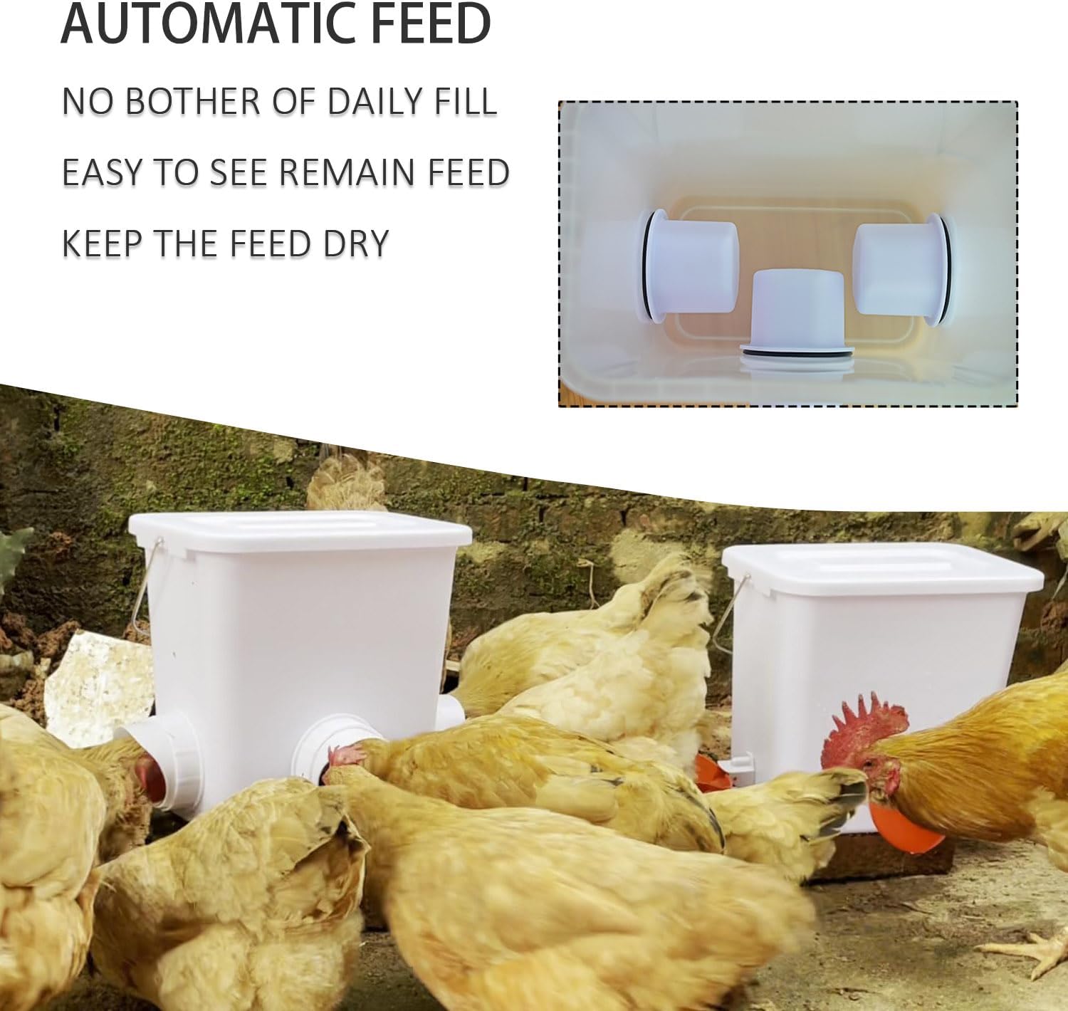 Automatic Chicken Feeder and Waterer Set Chicken Feed Bucket with 3 Feeders Ports Poultry Waterer Water Cups