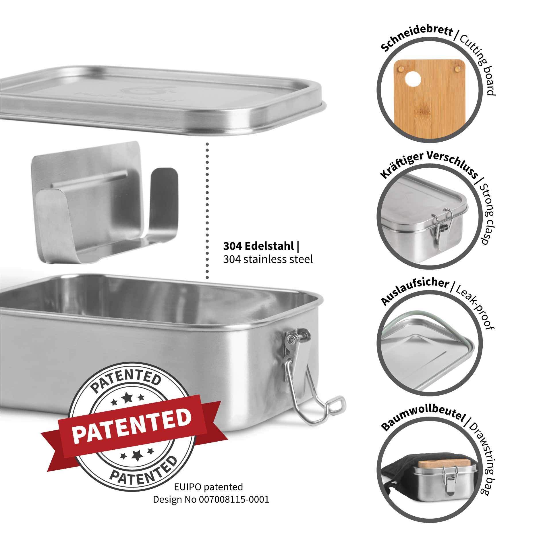 Hydro2go Lunch Box In Acciaio Inox 800 Ml A Prova Di Perdite – Contenitore Portapranzo Con Divisore, Tagliere In Bambù E Sacchetto Di Cotone – Senza BPA E Plastica