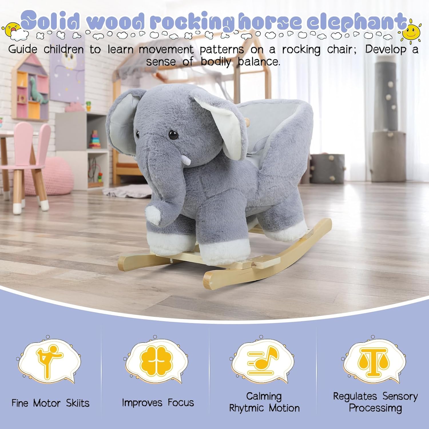 Baby Rocking Horse, Elephant Rocking-Horse for Toddlers 1-3, Plush Rocking Animal with Music & Safety Belt, Wooden Base Baby Rocker Chair, First Birthday Gift for Babies Gray Elephant