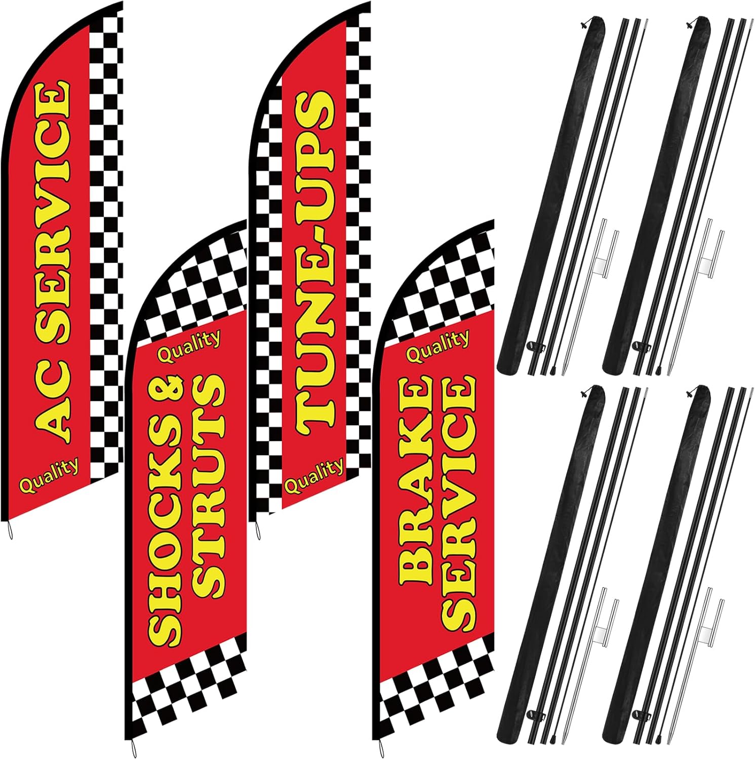 4 Set 11ft Auto Repair Shop Feather Flag Kits for Business Advertisement; Includes 4 Vibrant Feather Flags, 4 Stainless Steel Poles, 4 Ground Spikes Large Open Sign Advertising Flags