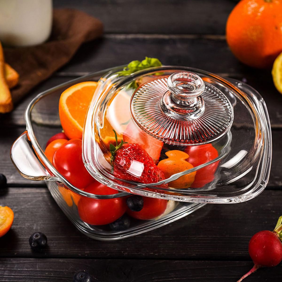 1l Transparente Glasschale mit Deckel Mikrowellengeeignete Bruchsichere Suppenaufbewahrungsschüssel für Snackbar und Tisch mit Klarem Kristalldesign