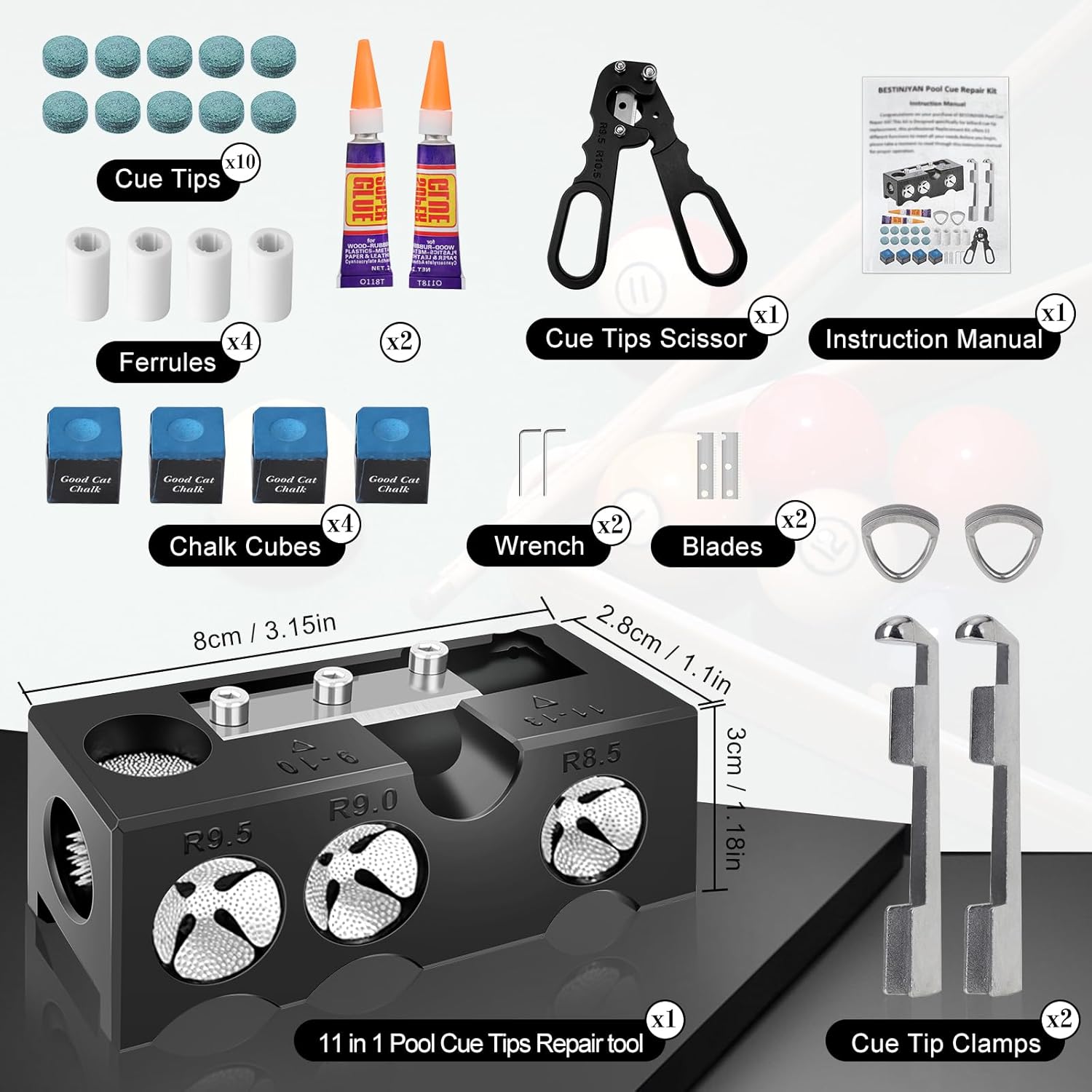 11-in-1 Pool Cue Tip Shaper, 25 pcs Pool Cue Tips Replacement Kit, Pool Cue Tip Tool, 10 Cue Tips 4 Ferrules 2 Chalk Cubes 2 Cue Tip Clamps Professional Cue Stick Tool Kit for Billiards Enthusiastsm