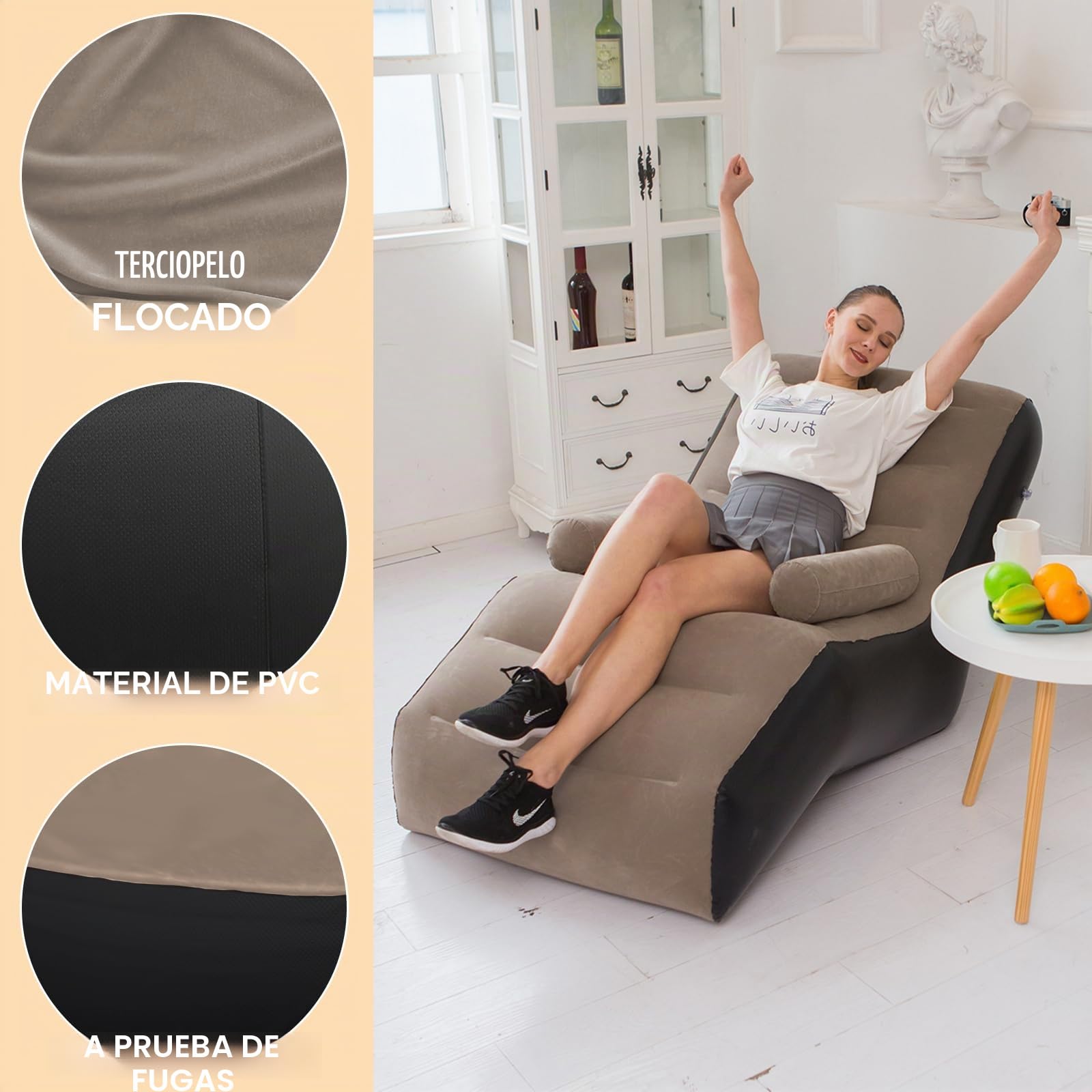 sofá de aire, sofá de camping con reposapiés, sofá hinchable portátil con flocado, sillón hinchable, sillón de piscina, airlounge, puf exterior, para camping, hogar (1, S gris, 1 persona)