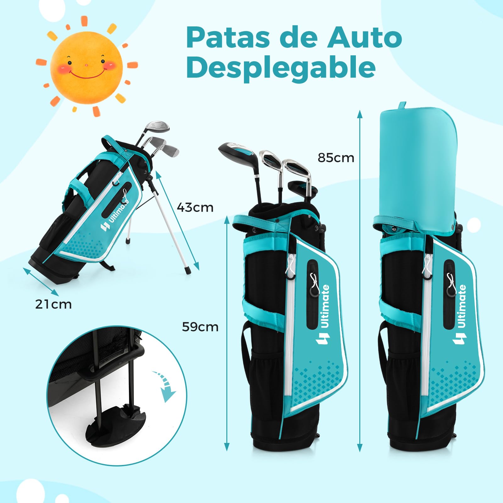COSTWAY Juego de Palos de Golf para Niños de 5 a 7 Años, Incl. Bolsa de Soporte con Capucha para Lluvia, Fairway N.º 3, Hierros y Putter N.º 7#S para Diestros
