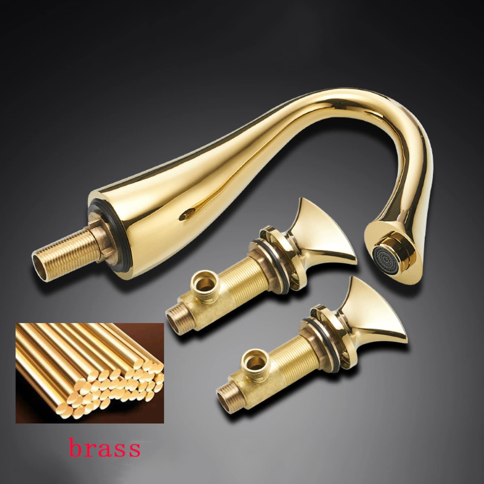 Vintage-Waschtischarmatur für Badezimmer, 3-Loch, Messing, Mischbatterie mit Doppelgriffen, Warm- und Kaltwasseranschluss, 2-Hebel-Armatur, Gold (Farbe: Gold)