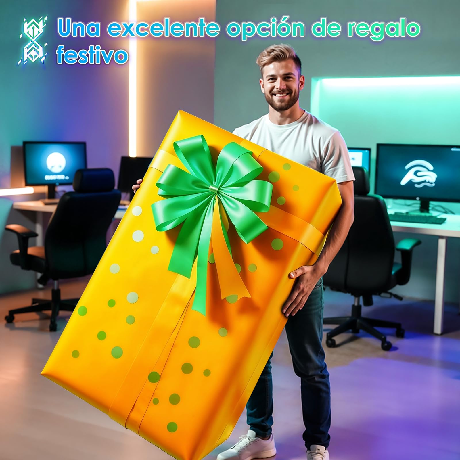 OffiGo Escritorio Gaming Regulable en Altura con LED 140×74 cm, Negro | Cubierta forma en U, USB y enchufes integrados, Mesa gaming con 4 memorias, Escritorio gaming con iluminación LED