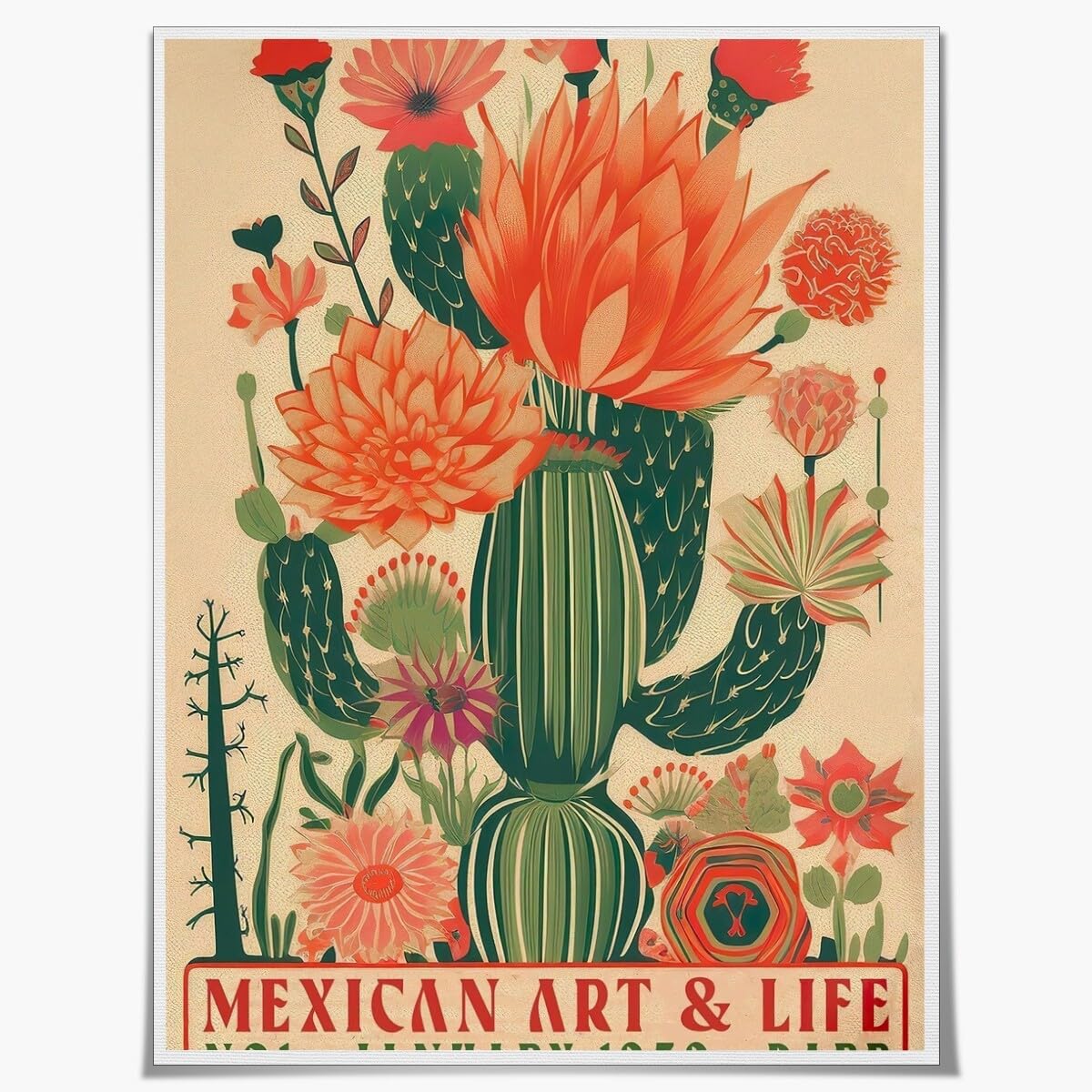 Vintage Mexican wall art Vintage Green Plant Cactus Colorful Southwestern Canvas Pink and Orange Floral Poster Rustic Desert Art Botanical Print