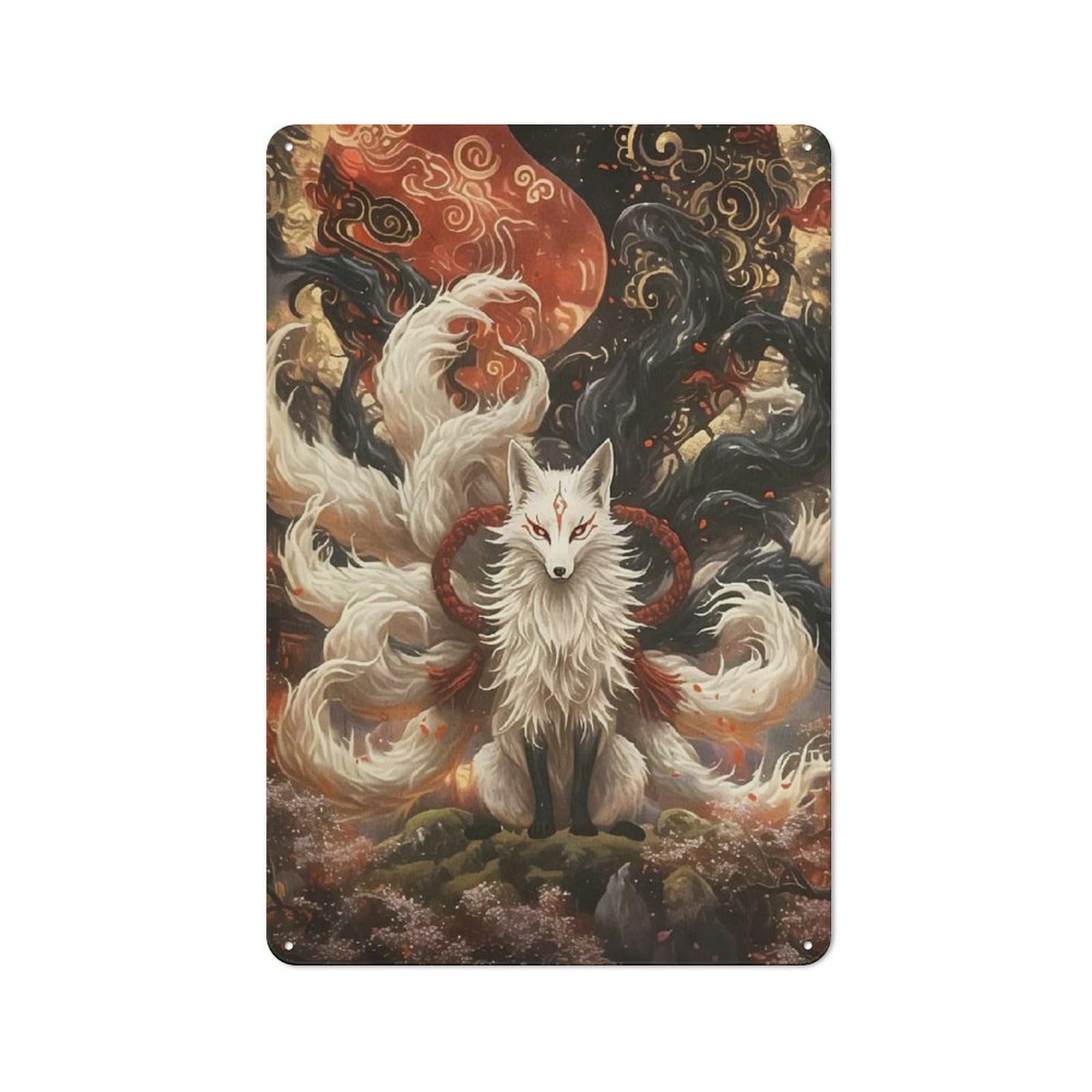 Junmoney Style-10 Nine-Tailed Fox Animal Vintage Metal Wall Sign 30X20cm For Garage Wall, Suited To Garage Decor Collectors