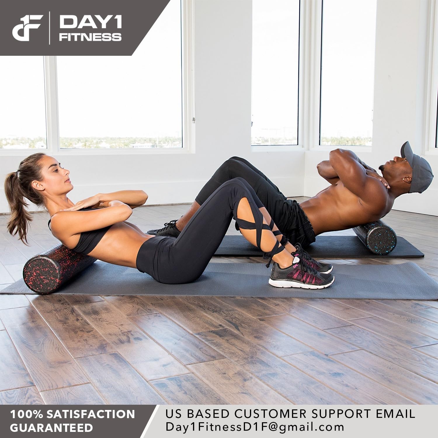 Day 1 Fitness High Density Muscle Foam Rollers - Sports Massage Rollers for Stretching, Physical Therapy, Deep Tissue, Myofascial Release - Ideal for Exercise and Pain Relief - Solid Black, 12"