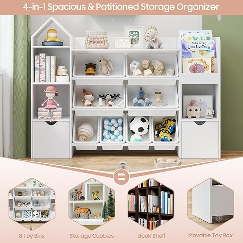 Miniatura 6 de Organizador de almacenamiento de juguetes, estantería blanca con 8 contenedores de juguetes extraíbles, organizadores de almacenamiento de juguetes