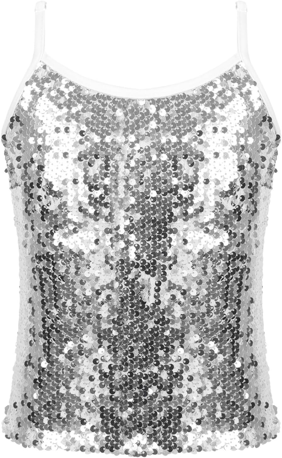 Kids Girls Shiny Sequins Camisole Tank Top Jazz Latin Ballet Dance Crop Top Stage Performance Vest Tops