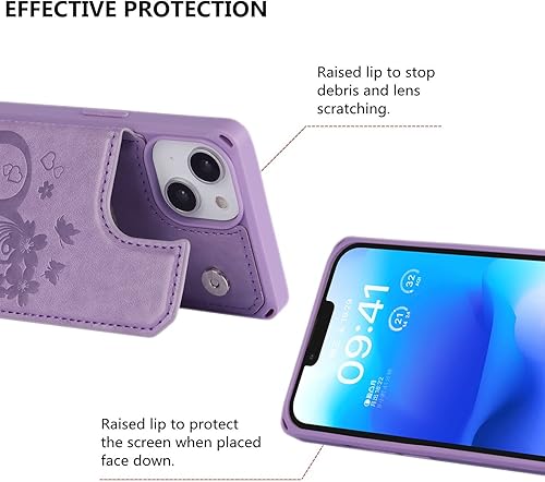 Miniatura 6 de iCoverCase Funda compatible con iPhone 14 Plus con tarjetero para mujer, bloqueo RFID en relieve, piel sintética con correa de muñeca de 6.7