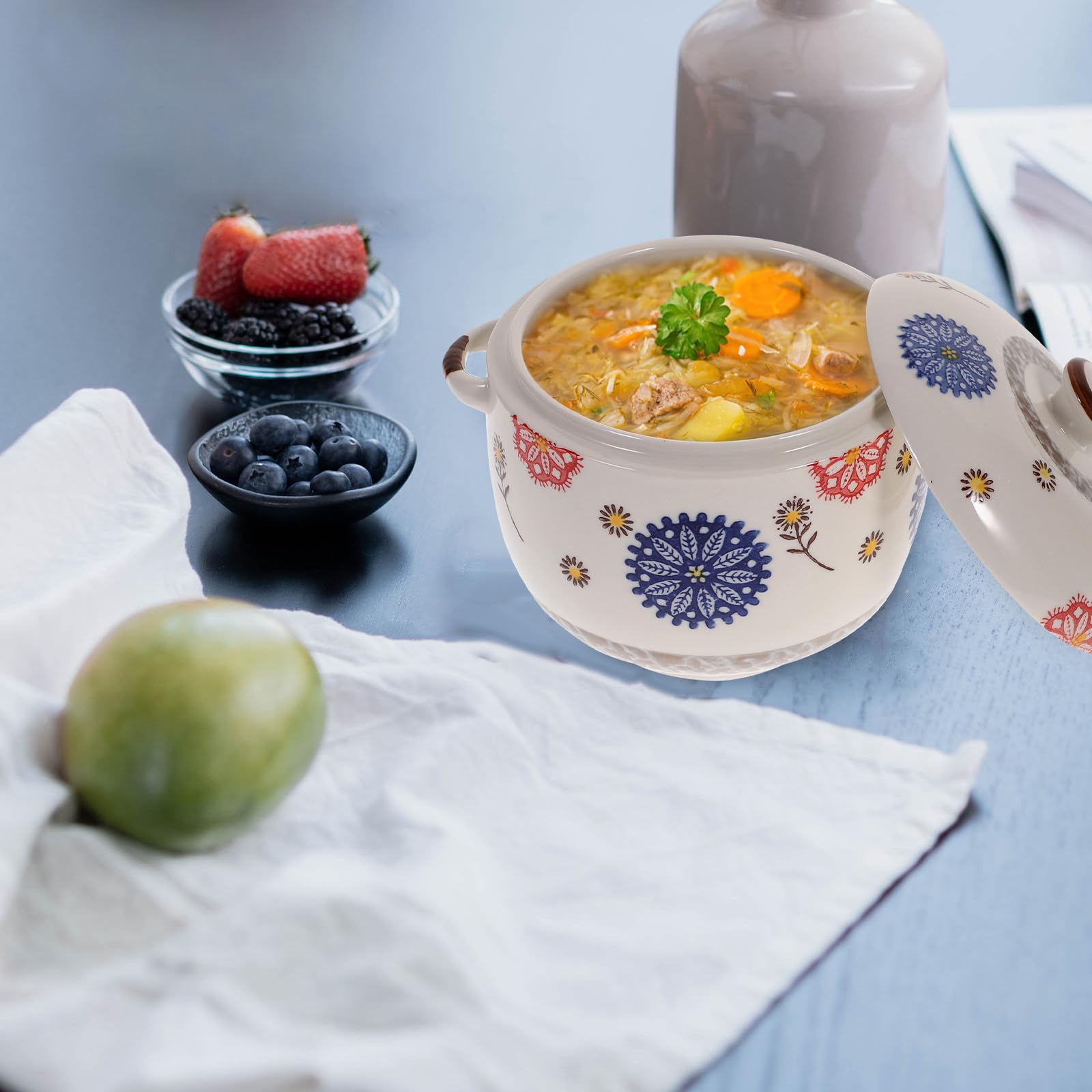 Zuppiera con Coperchio, senza Sbavature in Terracotta Design Giapponese da 1000ml e Tecnologia di Stampaggio Integrato e Decorazione Festiva per Cucina