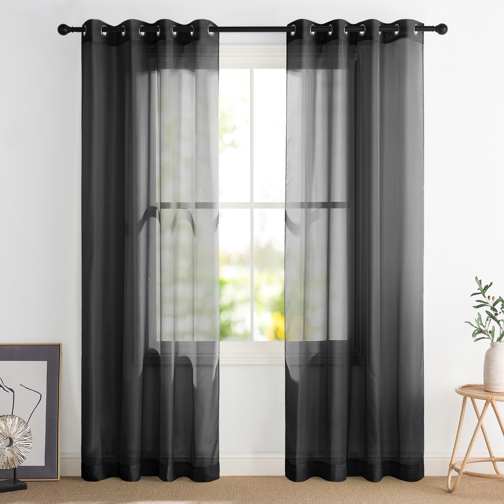 PONY DANCE Black Voile Curtains 84 Inch Drop, Net Curtains with Light Filtering for Bedroom/Living Room