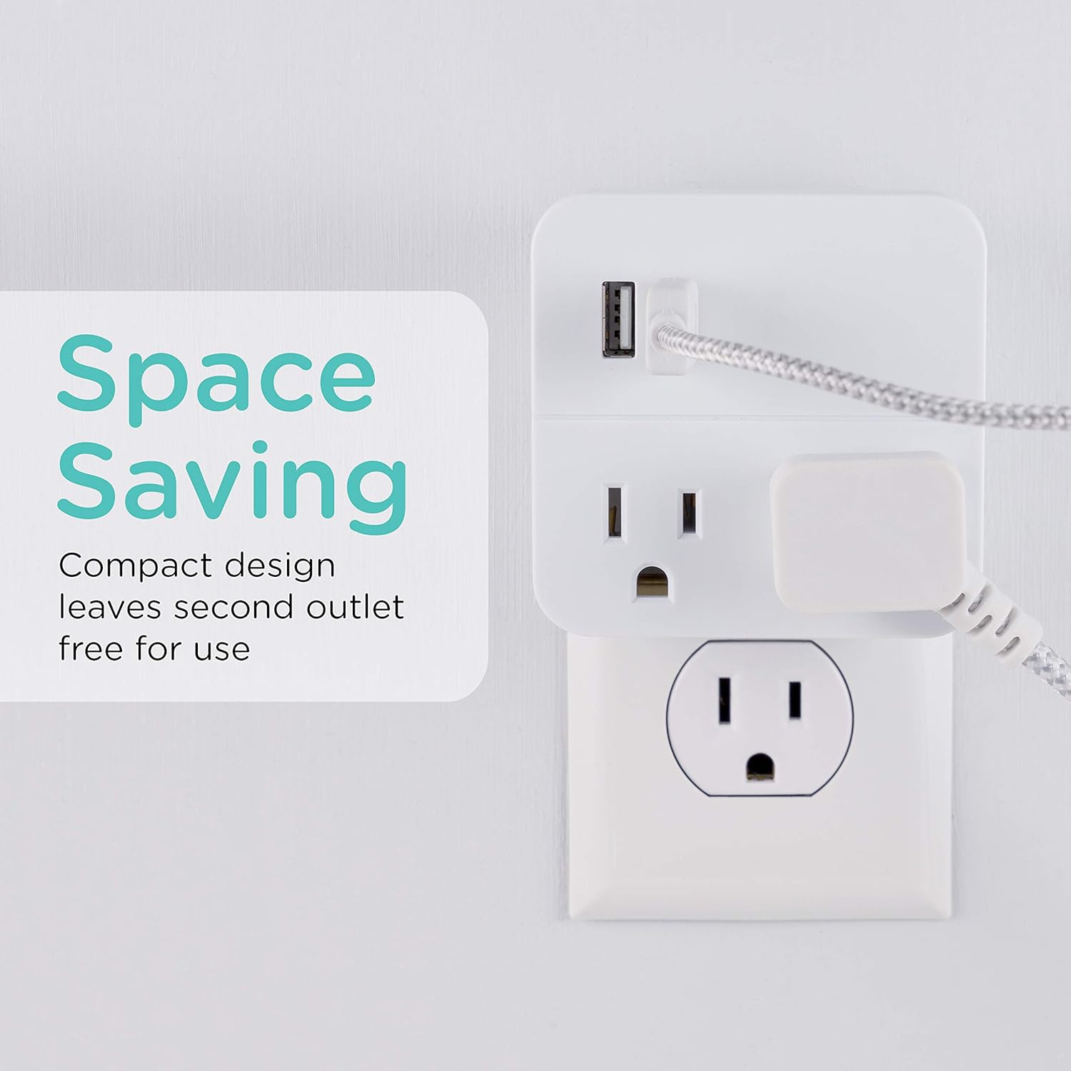 Cordinate 2 Outlet Extender, 3 Prong, Compact Adapter, Station, 2.1A USB Ports, Fast Charge for Devices, Easy Access Design, 2 Pack, White, 56162