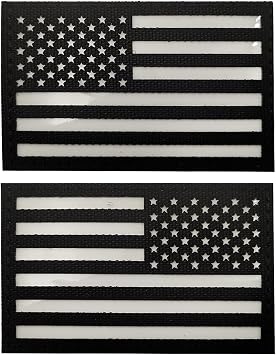 2PCS America Flag Patches Luminous Patch Glow in The Dark Laser Cut Patch Regular and Reverse Hook and Loop3x2 Inch Black White