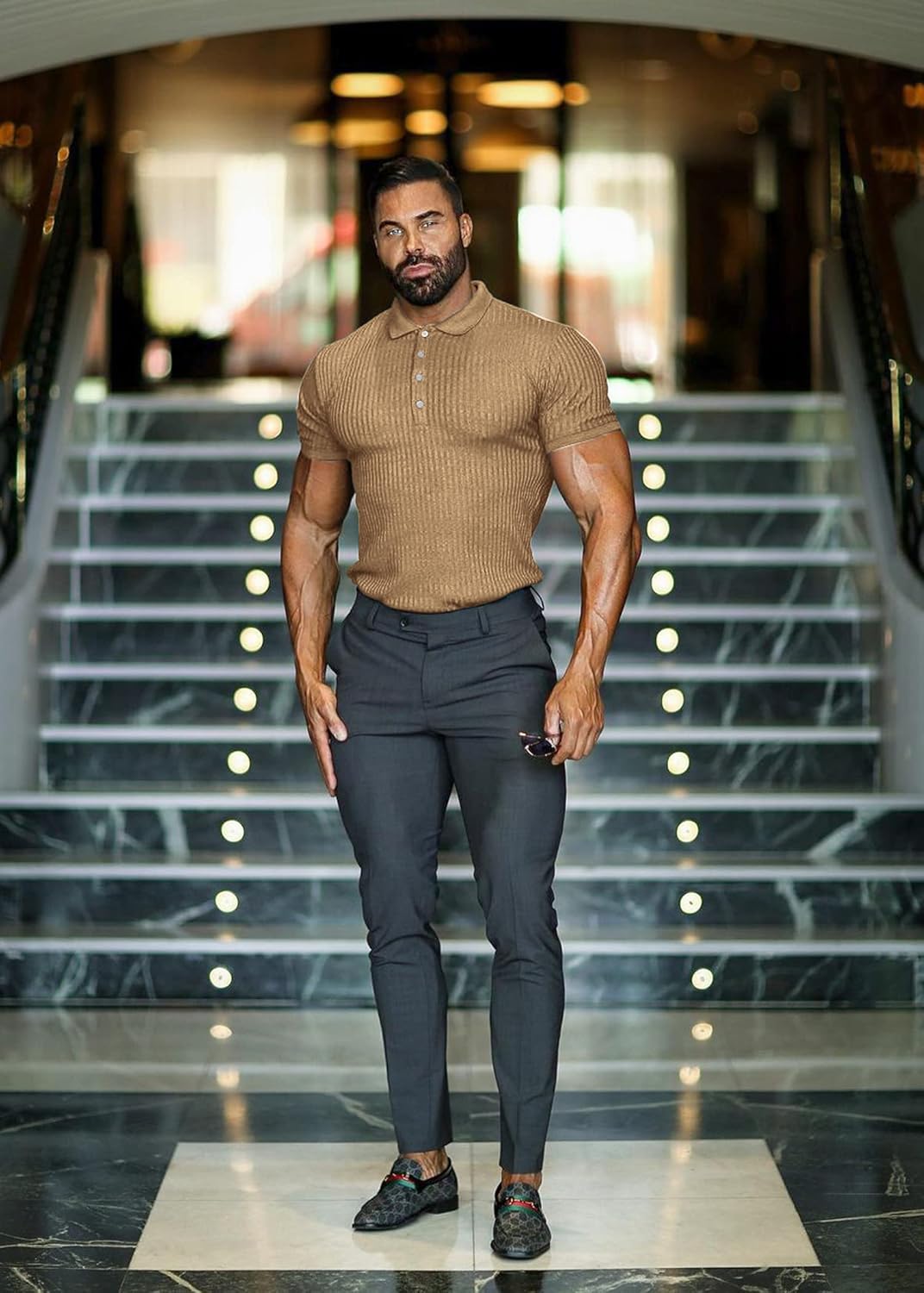 Collared Muscle Polo Shirts Men Slim Fit Textured Knit Polo Shirts Short Sleeve Button Down Shirts Casual Stylish - Image 3