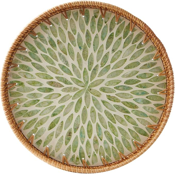 Round Rattan Tray with Mother of Pearl Inlay, Rattan Serving Tray with Wooden Base, Decorative Wicker Basket for Table Decor, Storage and Display of Coffee Bread Food Fruit (Leaf)