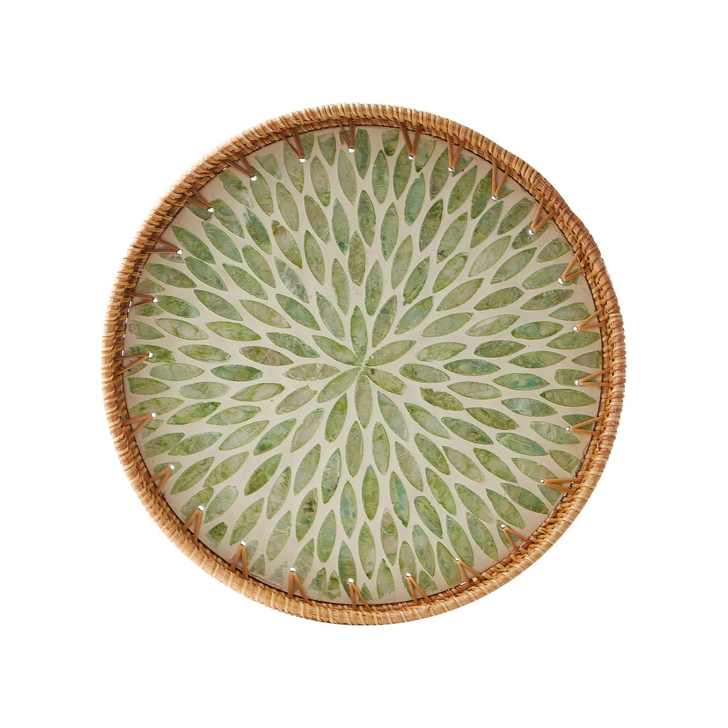 Round Rattan Tray with Mother of Pearl Inlay Rattan Serving Tray with Wooden Base Decorative Wicker Basket for