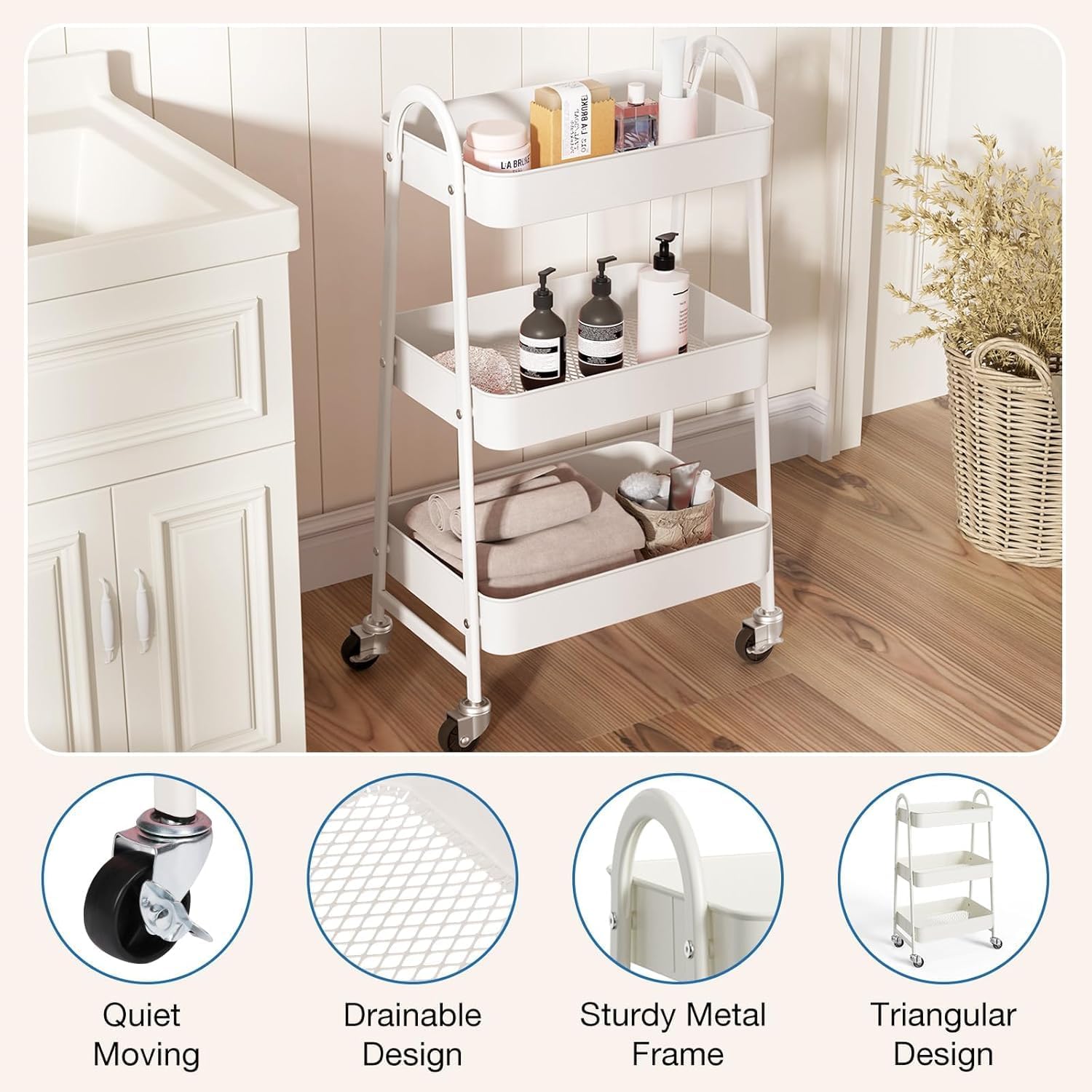 3-Tier Metal Rolling Cart with Lockable Caster Wheels - Lightweight Sturdy Utility Storage Organizer for Kitchen, Office, Bathroom, Narrow Places