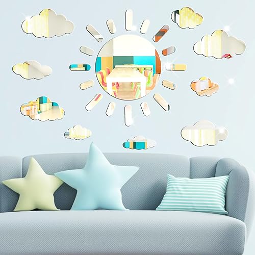 Miniatura 2 de Calcomanías de espejo de sol y nube calcomanías de espejo acrílico 3D autoadhesivas decorativas plateadas extraíbles para niños dormitorio baño sala