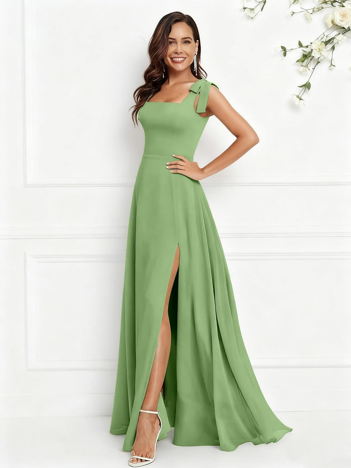 Square Neck Bridesmaid Dresses with Slit Chiffon Long Maxi Formal Evening Party Dresses with Bow - Image 5