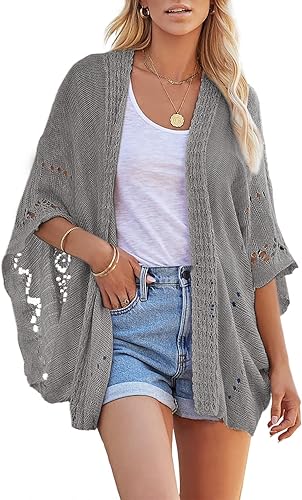 Miniatura 2 de Ermonn Cárdigan de ganchillo para mujer, frente abierto, kimono, manga murciélago, liso, casual, ligero, ropa de abrigo