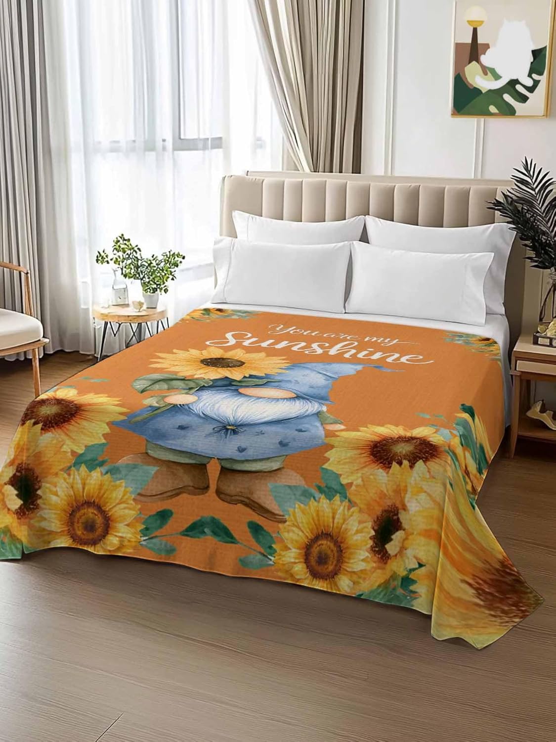 Top Sheet Full Bedding Flat Sheet Only, Blue Dwarf Sunflowers on Orange Microfiber Bed Sheets Soft Breathable Bedding Flat Sheets, Vintage Flower Leaves Hotel Luxury Top Sheets