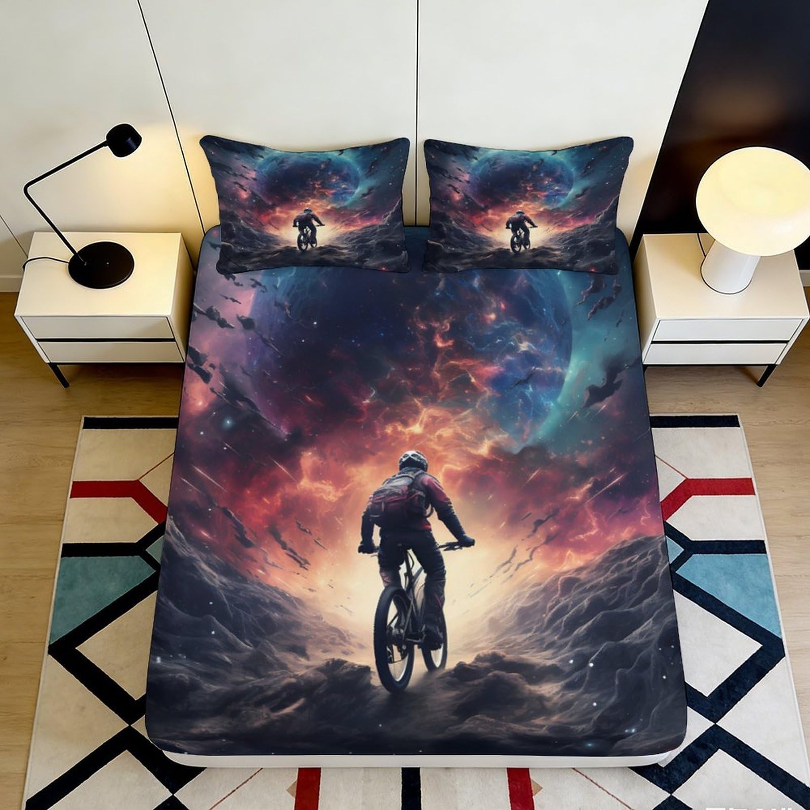 3D Printed Cycling Galaxy Fitted Sheet Microfiber Non-Slip Deep Pocket Bedroom Bedding Cycling Galaxy Mattress Fitted Cover 90x200x25cm