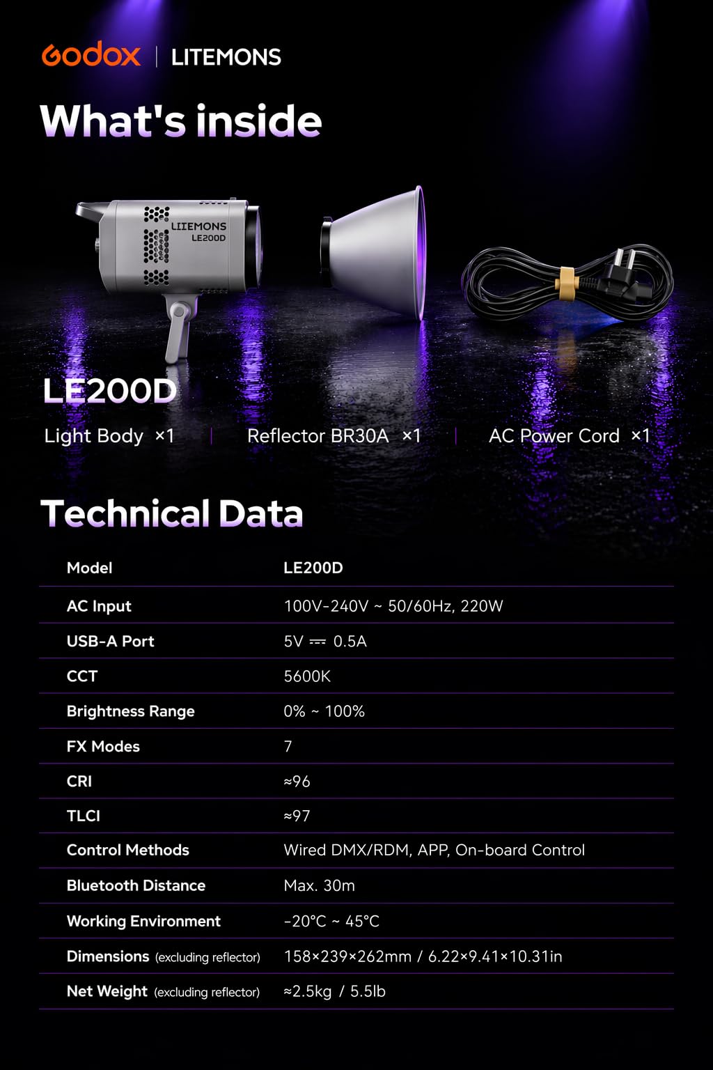 Godox LE200D lampa wideo LED, 200 W, światło ciągłe, oświetlenie do studia fotograficznego, 63500 luksów przy 1 m, światło dzienne 5600 K, All-in-One, sterowanie NFC i aplikacja, Bowens Mount do