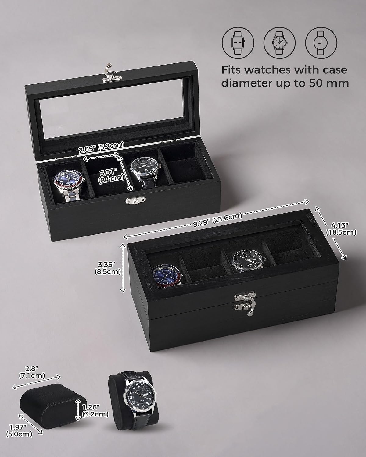 ProCase 4 Slot Wooden Watch Display Case With Glass Lid, Organizer