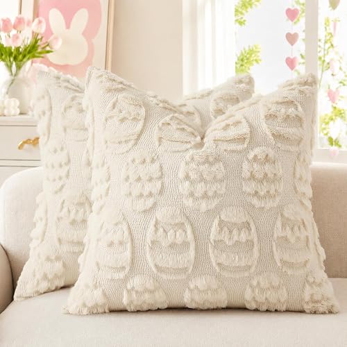 decorUhome Beige Faux Fur Egg Throw Pillow Covers 18x18 Set