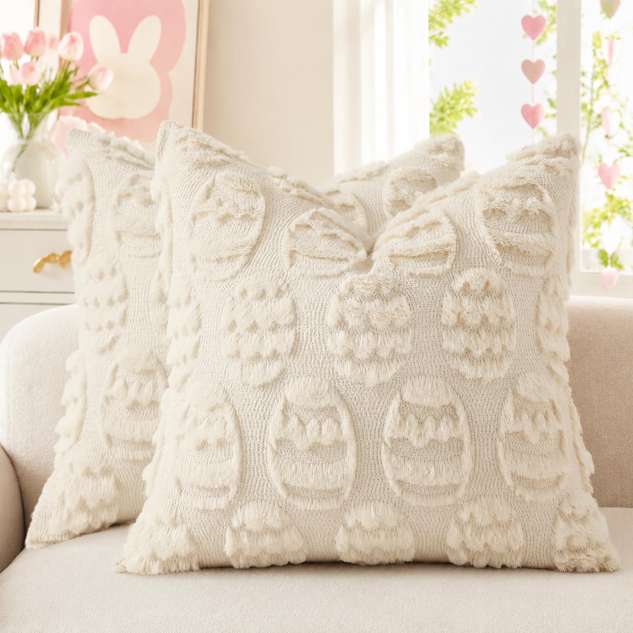 decorUhome Beige Faux Fur Egg Throw Pillow Covers 16x16 Set of 2