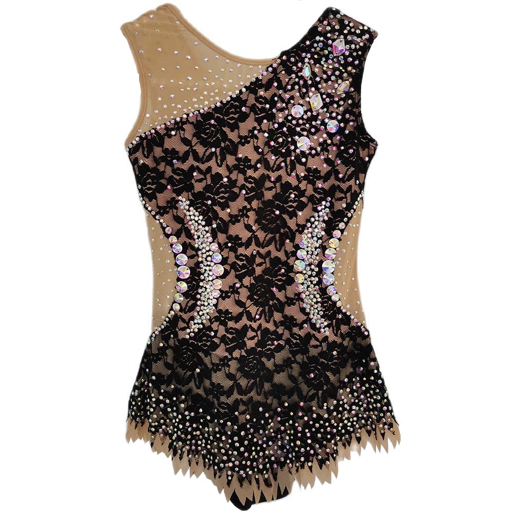 LIUHUOArtistics Gymnastics Leotards Black Sleeveless Lace Diamonds Girls Competition Performance