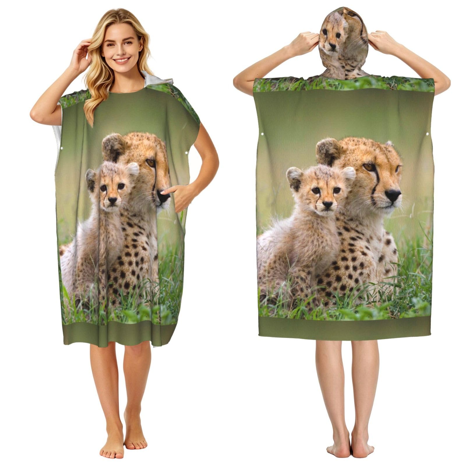Poadnly Wild Animal Cheetah, Adult Hooded Beach Towel 90 x 110 cm,Changing Bath Robe, Surf Poncho Towel For Women Men