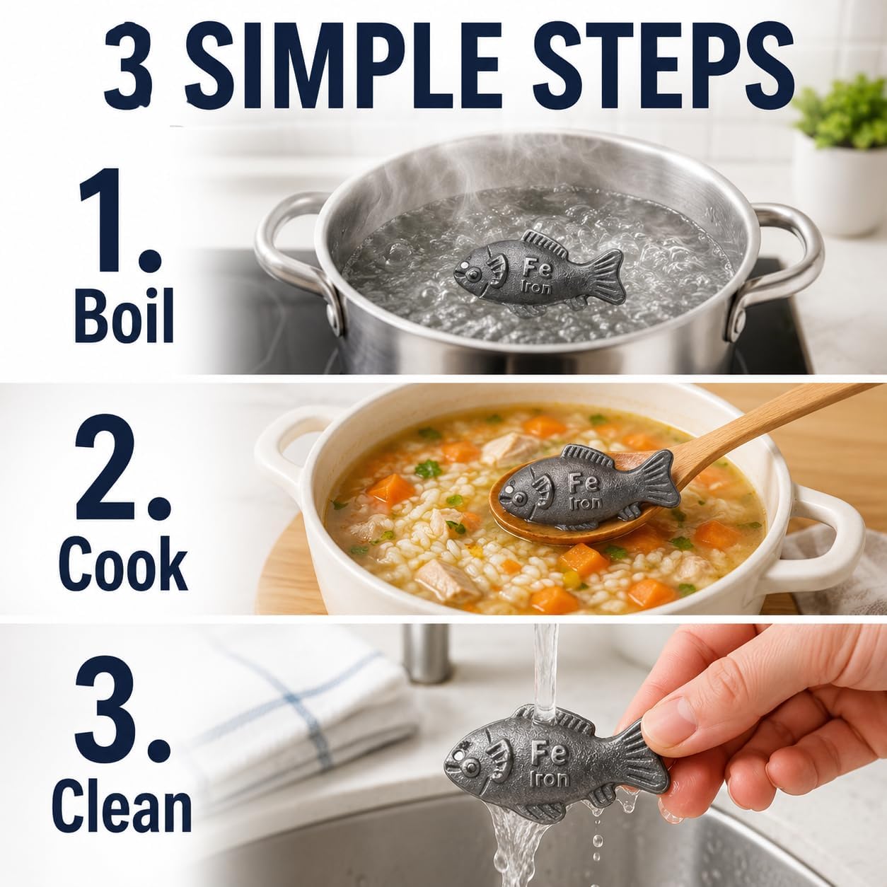 Iron Fish for Cooking, 3-Pack Reusable Iron Kitchen Accessory for Food and Water