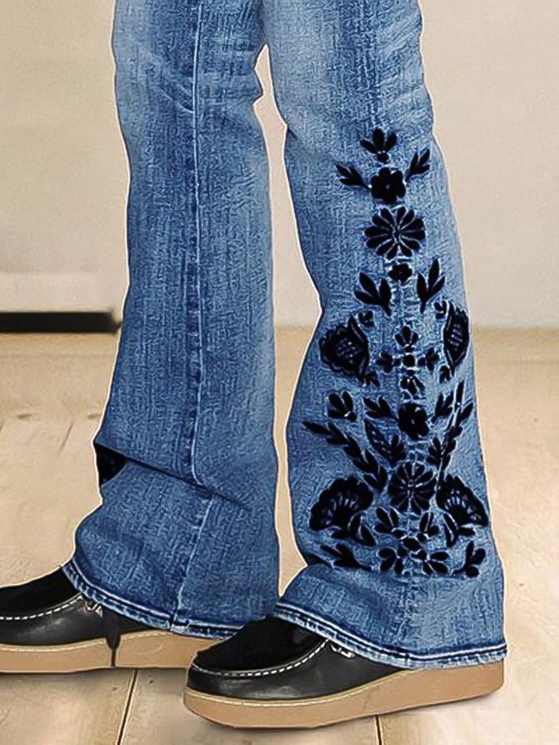 Flamingals Embroidered Jeans for Women Mid Waist Casual Floral Embroidery Bottom High Stretch Bootcut Jeans - Image 3
