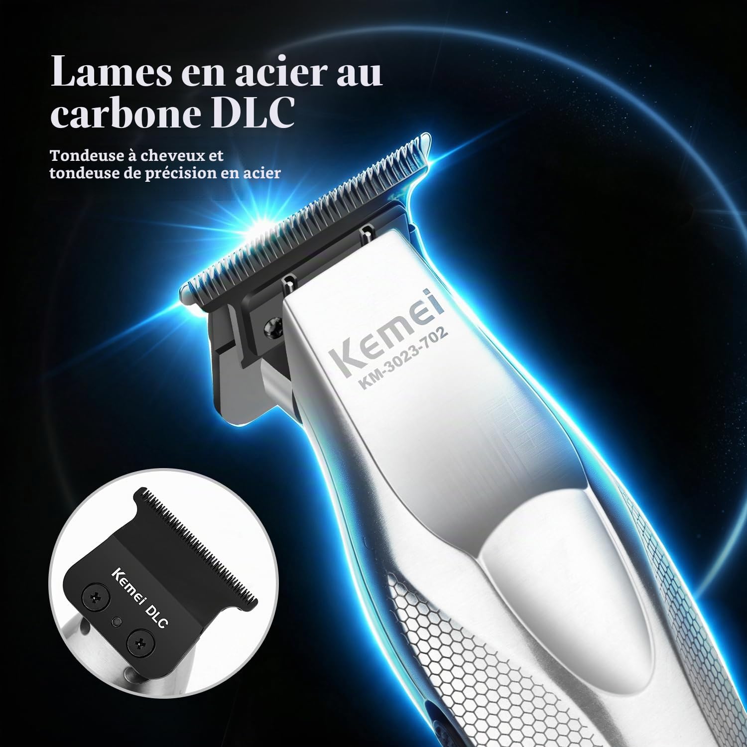KEMEI KM-3023-702 Tondeuse à cheveux professionnelle pour homme, tondeuse à barbe sans fil sans fil, tondeuse de barbier rechargeable par USB, coupe-bordures, tondeuse à décoloration, cadeau pour