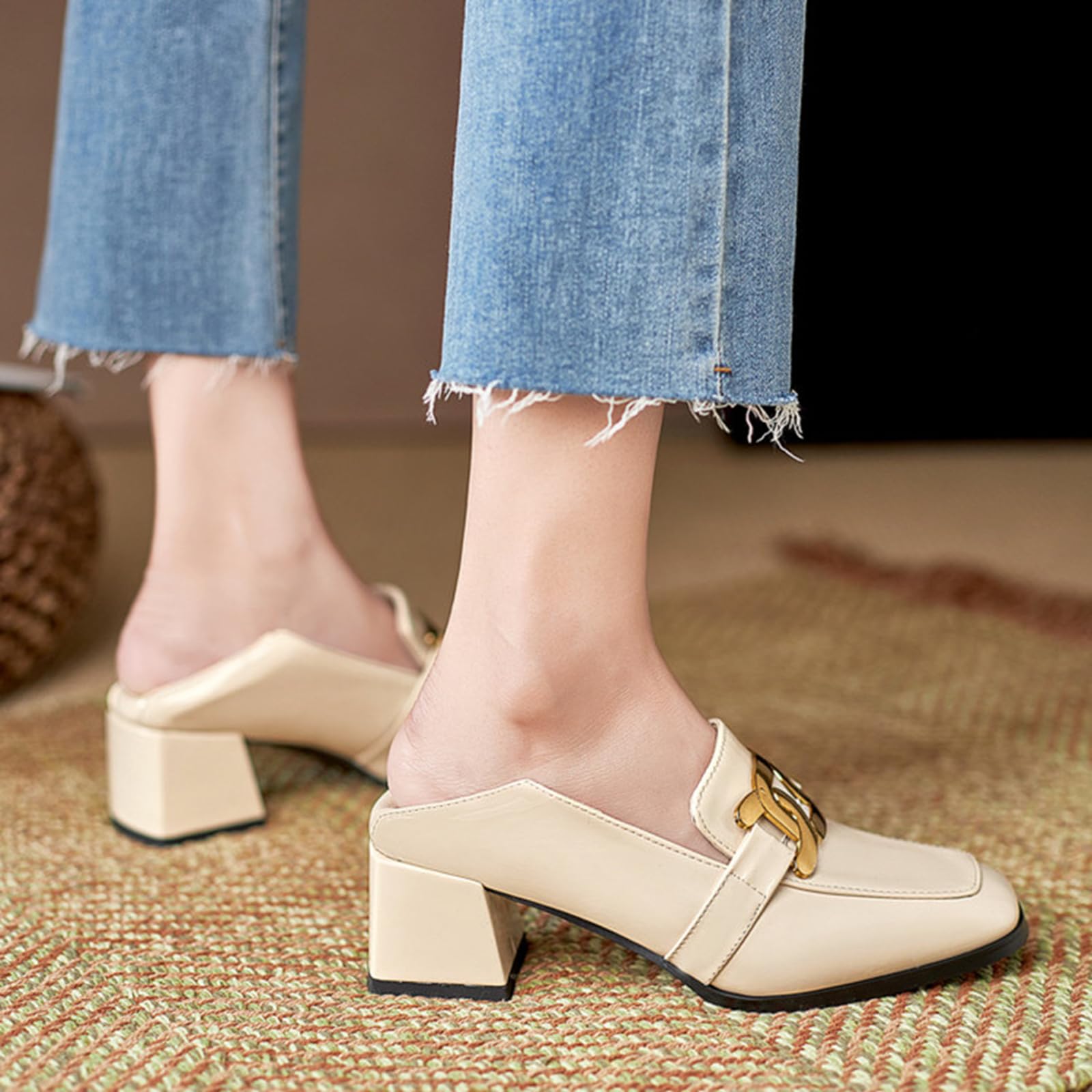 Zapatos de tacón de bloque para mujer, tacón de 5 cm, tapa cuadrada de charol con decoración de metal, cómodos para todo el día