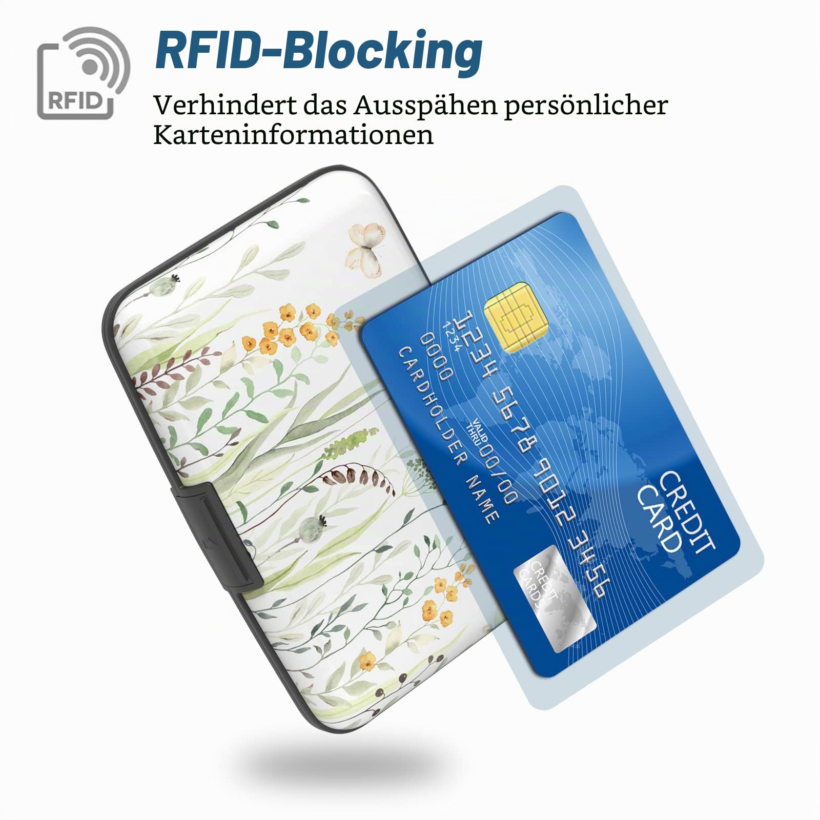 Kreditkartenetui, Mini-Aluminium-Kartenetui, RFID-Blockierung, schlankes Metall-Hartschalenetui für Damen und Herren, Schmetterling/Blume, Kompakt