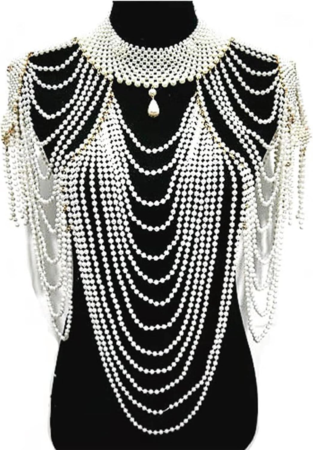 Women Faux Pearl Body Statement Necklace Beaded Jewelry Shoulder Chain ABS Pearl