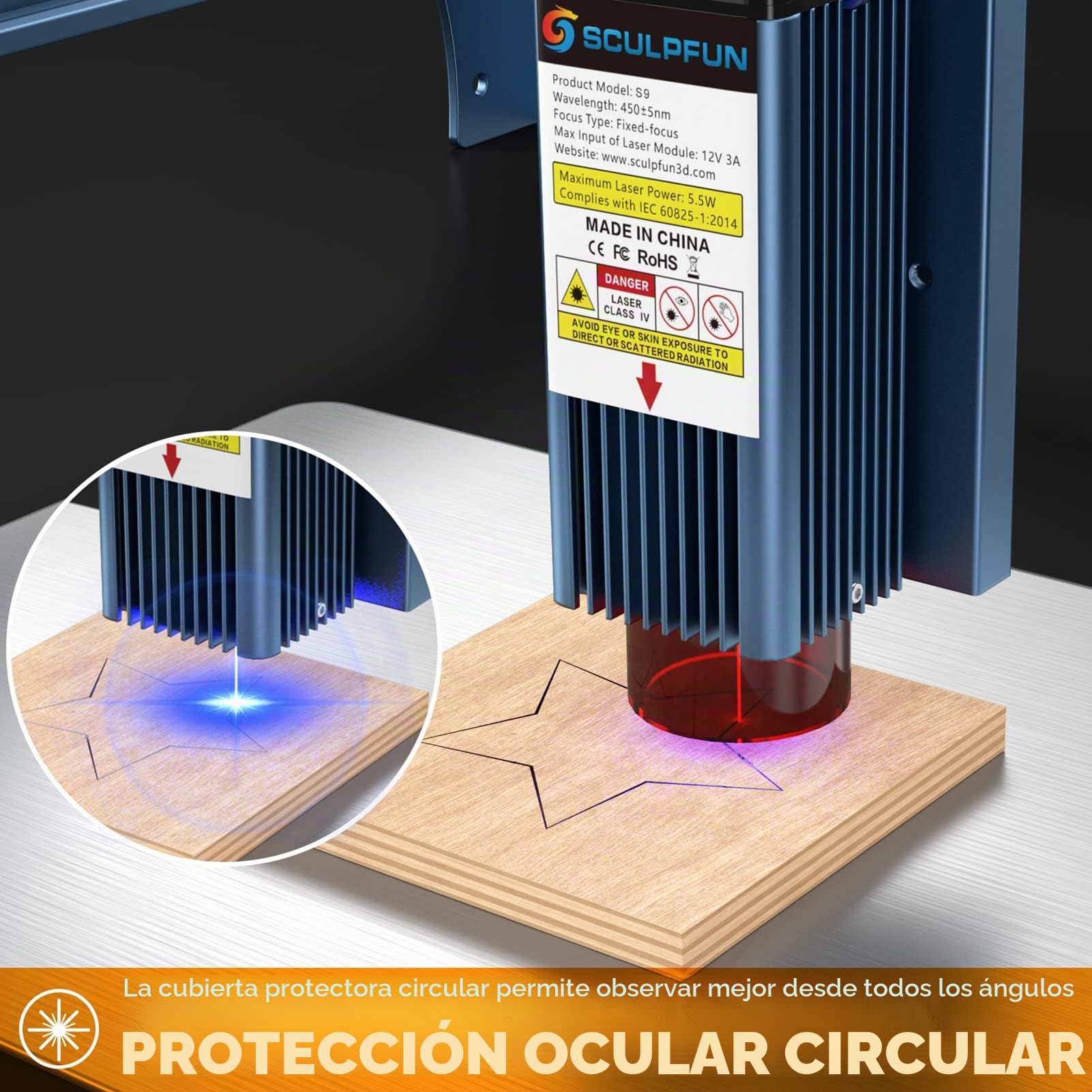 SCULPFUN S9 Grabador Laser Metal, Efecto láser de 90W Máquina cortadora de grabado de bricolaje, Máquina de Grabado Cortadora láser CNC totalmente metálica alta precisión para Madera,410mmx420mm
