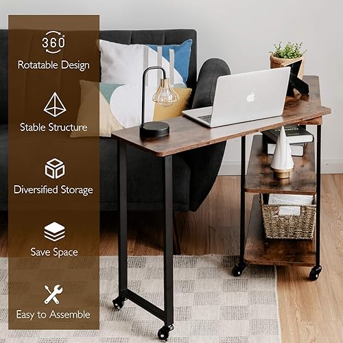 Miniatura 7 de KOTEK Mesa auxiliar giratoria de 360° para sofá, escritorio esquinero patentado en forma de L con estante de almacenamiento de 2 niveles, mesa