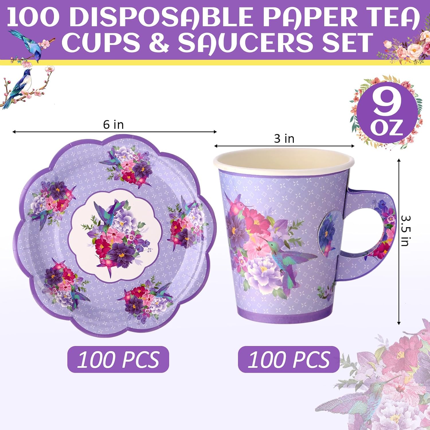 300 Pcs disposable paper tea cups for tea party Bulk, include 9 oz Floral Paper Tea Cup Set with Handle and Saucers 10" vintage Napkins for Floral Tea Party Wedding Baby Shower(Purple)