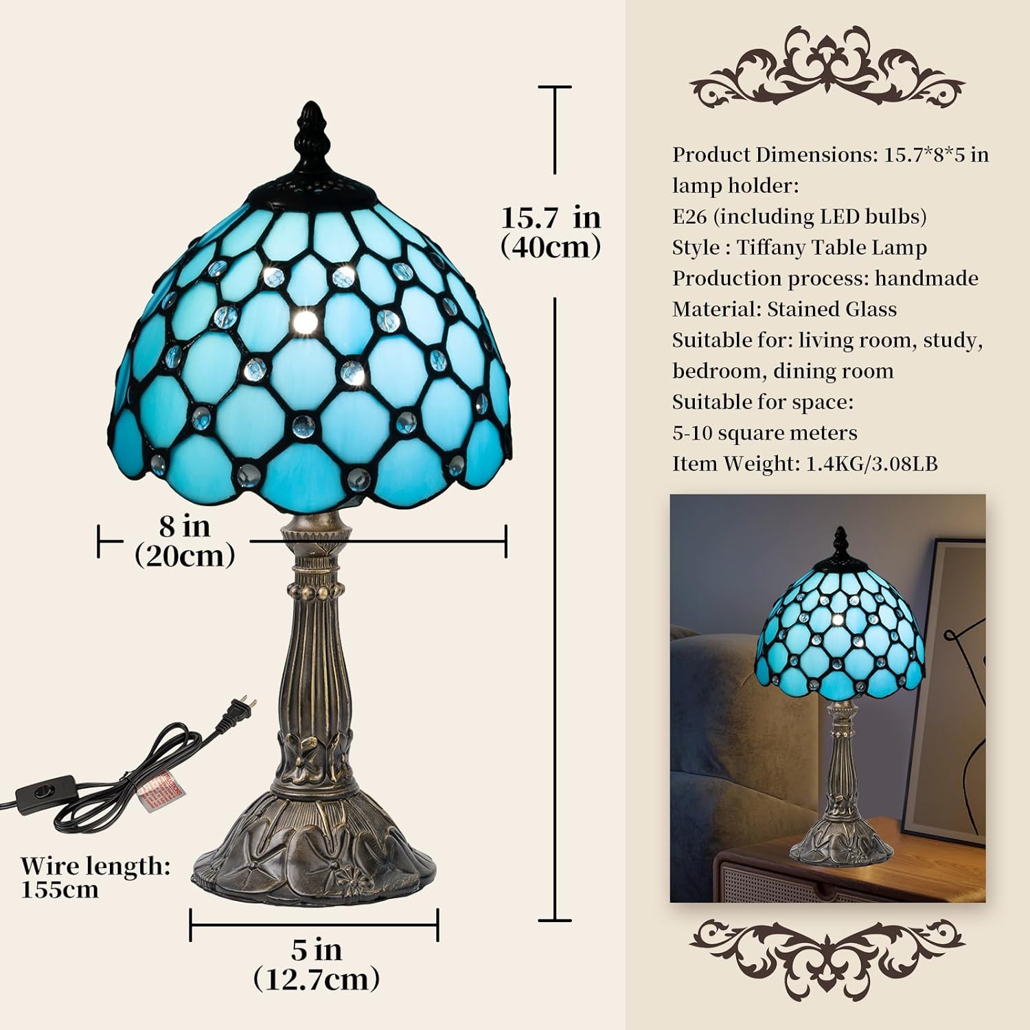Tiffany Table Lamp,3 Color-Temperature Mediterranean Series Stained Glass Lamp,8 Inch Tiffany Style Lamp for Bedroom Living Room Home, Handcrafted Light, Included Bulb (Blue)