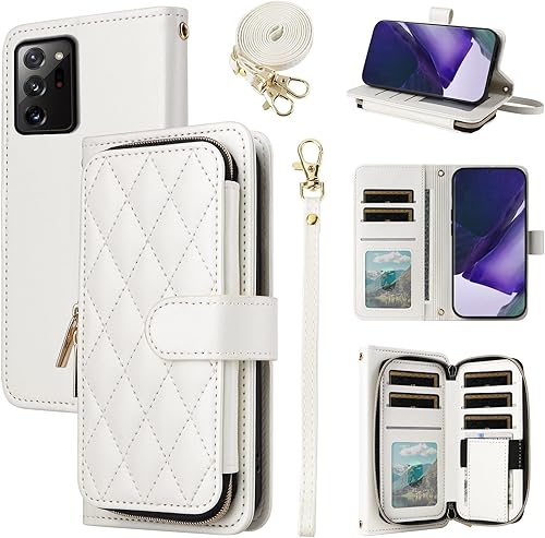 Furiet Funda tipo cartera para Samsung Galaxy Note 20 Ultra 5G con correa para la muñeca, 9+ ranuras para tarjetas con cremallera, funda de piel